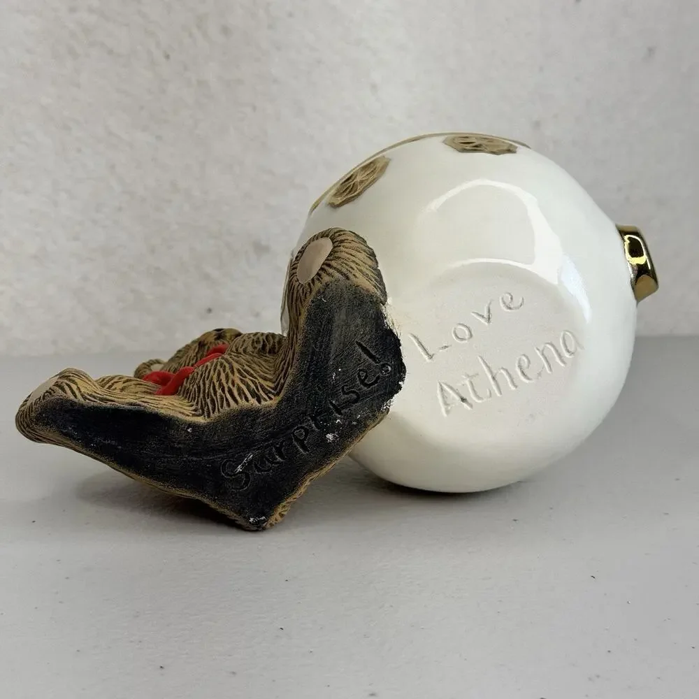 Hand Painted Holiday Christmas Teddy Bear Candy Ornament Plant Pot VTG Ceramic